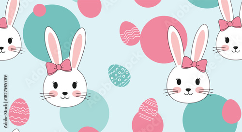 Seamless Easter pattern with cute white bunny faces wearing pink bows and decorated eggs on a pastel blue background.