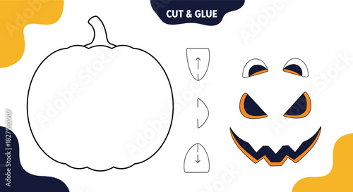 Halloween paper craft for kids, a cut and glue activity sheet to create a spooky jack-o'-lantern face on a pumpkin.
