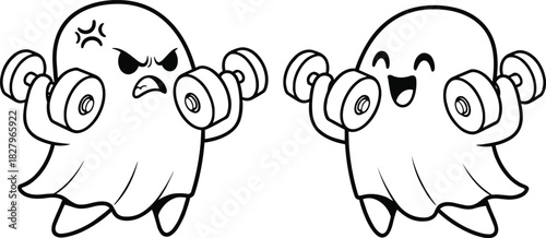 Cute cartoon ghost character lifting dumbbells, funny workout fitness mascot with angry and happy face, black outline style flat vector illustration