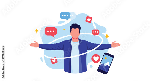 Young man surrounded by social media icons like hearts, likes, and comments, illustrating digital life and online influence.