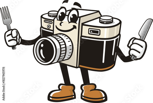 Camera mascot cartoon holding a fork and knife
