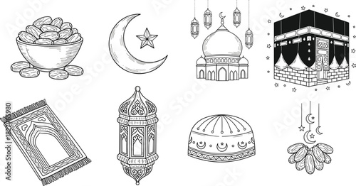Islamic culture symbols including Kaaba, mosque, crescent moon, prayer rug, lantern, dates, religious tradition elements black white flat vector