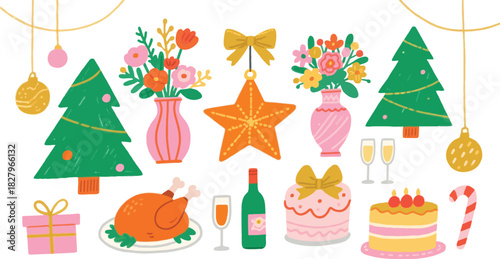 Holiday season elements including christmas tree, cake, flowers, star, christmas ornament, dinner, wine, champagne and present with decorative object. Art design.