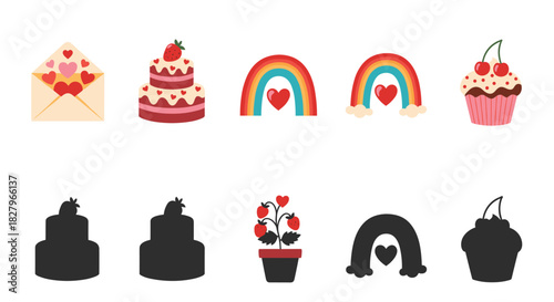 Matching shadow game for children with a Valentine's Day theme, featuring rainbows, cakes, and other romantic elements.