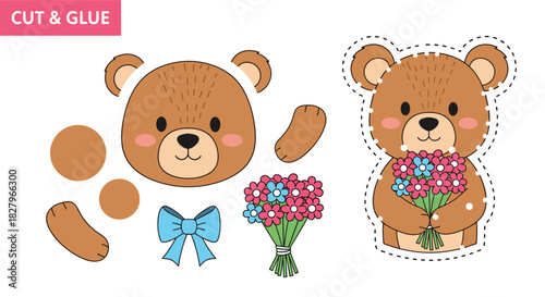Cut and glue paper craft for kids to assemble a charming teddy bear holding a beautiful bouquet of colorful flowers.