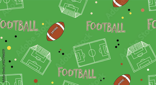 Seamless pattern with hand-drawn American footballs and playing fields on a vibrant green background, perfect for sports fans.