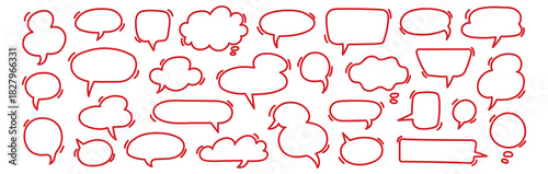 Speech bubble doodle talk set. Hand drawn comic doodle style dialog balloon, thought cloud speech bubble element pack. Cartoons speak elements on a white background. Vector illustration
