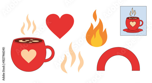 Create your own cozy scene with this cut and glue paper craft featuring a hot chocolate mug, heart, and flames.