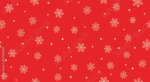 Seamless Christmas pattern with delicate golden snowflakes and dots falling on a festive and vibrant red background.