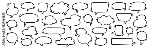 Speech bubble doodle talk set. Hand drawn comic doodle style dialog balloon, thought cloud speech bubble element pack. Cartoons speak elements on a white background. Vector illustration