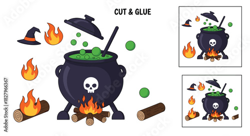 Halloween cut and glue paper craft for kids to create a spooky scene with a witch's cauldron, fire, and a hat.