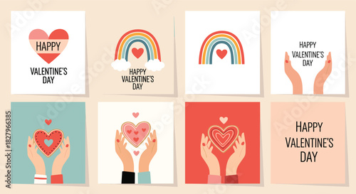 Collection of eight modern Valentine's Day greeting cards featuring hands holding hearts, rainbows, and minimalist typography.