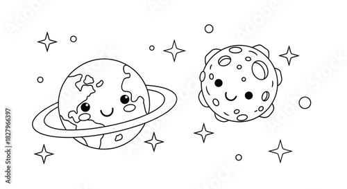 Kawaii space-themed coloring page for kids with a cute smiling planet with rings and a happy moon among the stars.