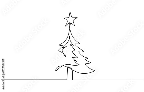 Continuous one line drawing of a festive christmas tree with a star topper and stylized base vector on transparent background