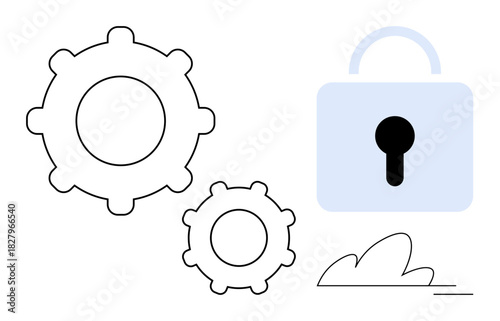Two gears next to a locked padlock suggest functionality, security, and interconnectivity. Ideal for technology, cybersecurity, machinery, teamwork, privacy, innovation simple flat metaphor