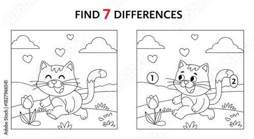 Find seven differences educational puzzle and coloring worksheet for kids, featuring a happy cat walking in a spring meadow.