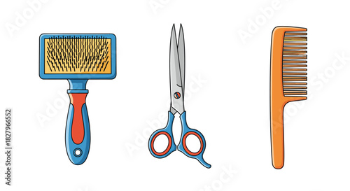 Set of three essential pet grooming tools, including a slicker brush, professional scissors, and a comb for animal care.