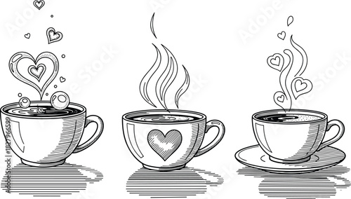 Set of hand drawn coffee cups with heart steam, romantic hot drink, vintage engraving style black outline flat vector illustration