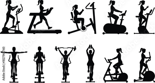 Silhouette illustration of women exercising on various gym machines including treadmill, bike, elliptical, and fitness equipment during cardio and strength workout training vector