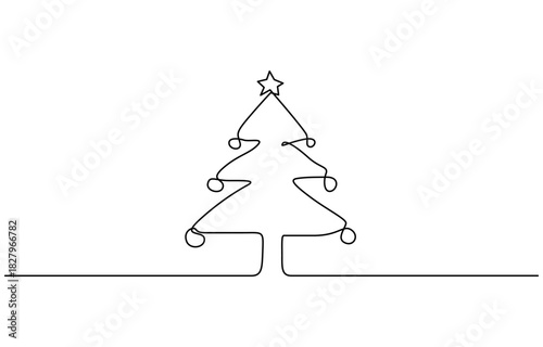 Continuous one line drawing of a festive christmas tree with a star topper and stylized base vector on transparent background