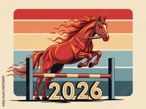 Galloping red fire horse crossing 2026 energetic fiery jumping over hurdle with number 2026, retro striped background symbolizing dynamic start, ambition, overcoming obstacles in year of fire horse