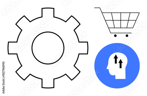 Innovation concept. Innovation illustrated with gear, shopping cart, and head with arrows productivity and commerce. Innovation in technology, business, commerce. For digital strategies, startups