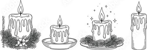 Set of hand drawn burning candles with dripping wax, Christmas pine wreath decoration, black outline style flat vector illustration, isolated elements