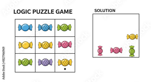 Sudoku-style logic puzzle game for children with colorful wrapped candies and a solution provided, designed for educational fun.