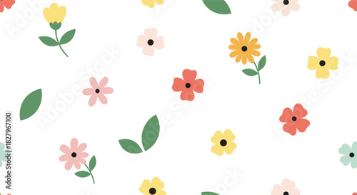 Simple and cute seamless pattern background with colorful hand-drawn flowers and green leaves scattered on a white backdrop.