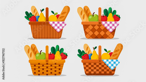 Variety of four picnic baskets with fresh food, flat vector design