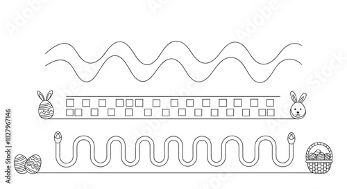 A set of black and white handwriting practice and tracing worksheets for preschoolers with Easter themes like bunnies and eggs.