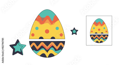 A simple two-piece cut and glue puzzle for toddlers featuring a colorfully decorated Easter egg, designed for early learning.