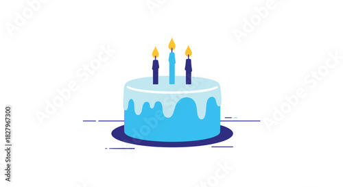 A minimalist flat design illustration of a blue two-tiered birthday cake with dripping icing and three lit candles on a plate.