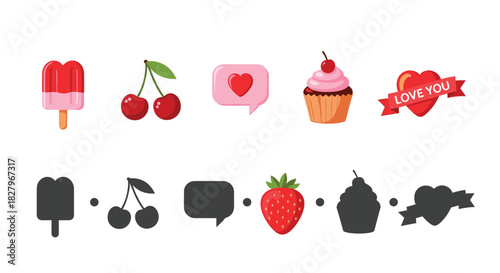 Educational find the correct shadow matching game for kids with a Valentine's Day theme, including ice cream, cherries, and hearts.