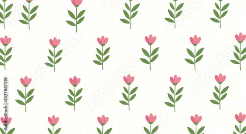 A delicate and seamless pattern background featuring simple pink flowers with green stems and leaves on a light dotted backdrop.