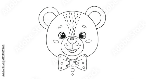 A simple and cute coloring page for young children featuring the smiling face of a teddy bear wearing a polka dot bow tie.