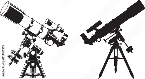 Vector art of vintage telescope illustration isolated on white background, Black and White Telescope Silhouette and Line Art
