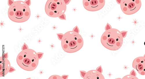 Adorable seamless pattern for children featuring cute pink pig faces and little star sparkles scattered on a white background.