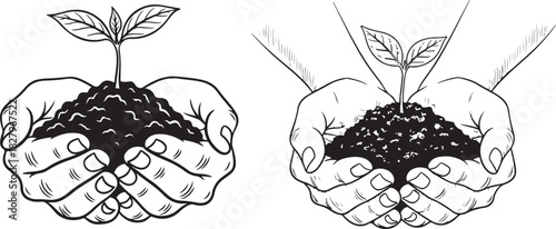 Pair of hands holds soil from center of which young sprout of plant. Farmer holding seedling. Clipart sketch