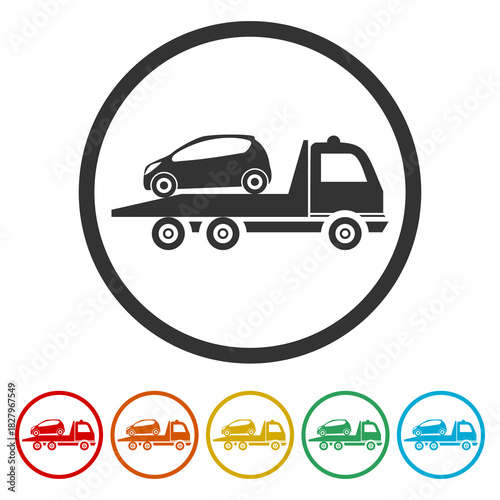 Tow truck icon. Roadside assistance icon. Set icons in color circle buttons