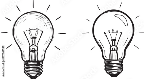 Hand-drawn light bulb sketch on white background. Hand drawn sketch of a traditional incandescent light bulb with a coiled filament,