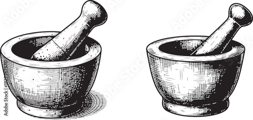 Mortar and Pestle Hand-drawn Vector Illustration, Empty Mortar and Pestle in Detailed Black and White Outline Line Art Drawing Illustration
