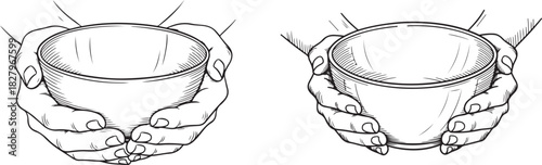 Empty bowl in hands.Sketch vintage vector illustration