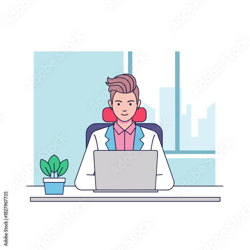 Young man working on laptop in office with plant on desk - Concept of people  