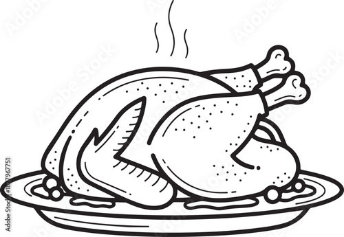 vector illustration of a chicken on a plate, roast chicken icon illustration design with outline......