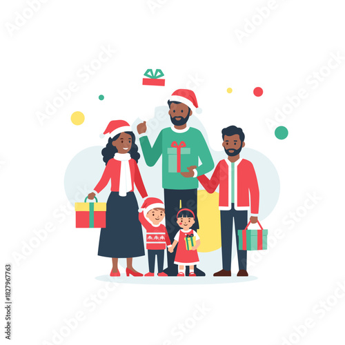 Mixed-race family celebrating Christmas with gifts and smiles  
