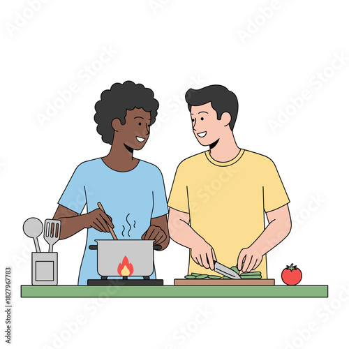 Interracial couple cooking dinner together happily in modern kitchen  