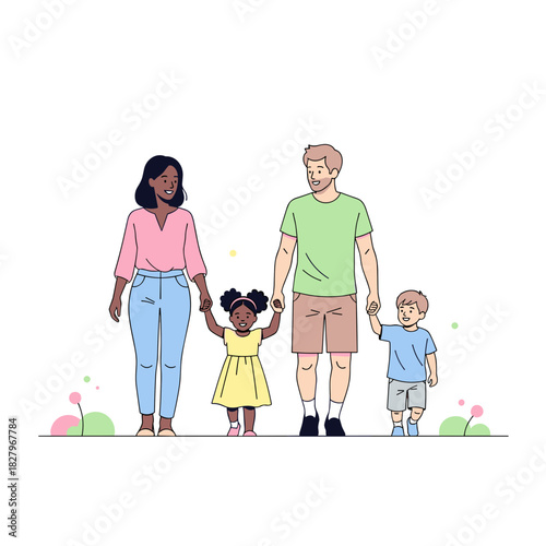 Interracial family walking together with children in park concept of people  