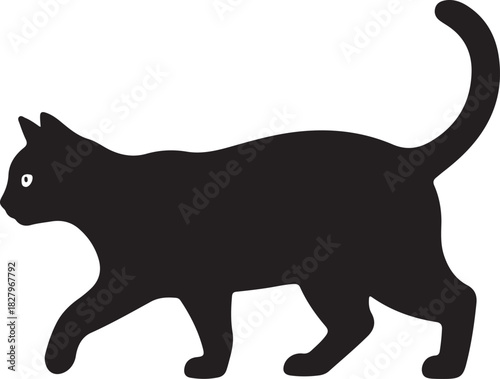 Silhouette of a sleek black cat walking gracefully on white background