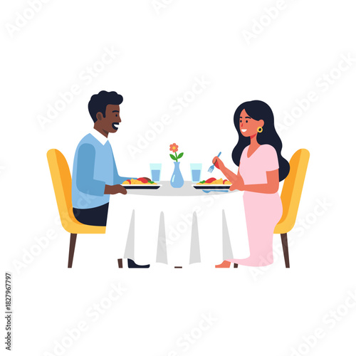 Interracial couple dining together at a restaurant table  